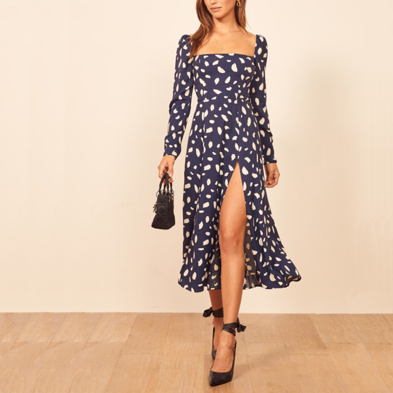 

Summer women dress casual printing square collar long-sleeved dress Slim split design Vestidos, Navy blue