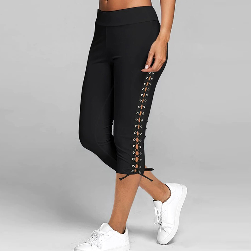 

Women Sexy Bandage Yoga Pants Calf Length Leggings Lace-up Elastic High Waist Running Pants Gym Workout Trousers Sportswear, 02