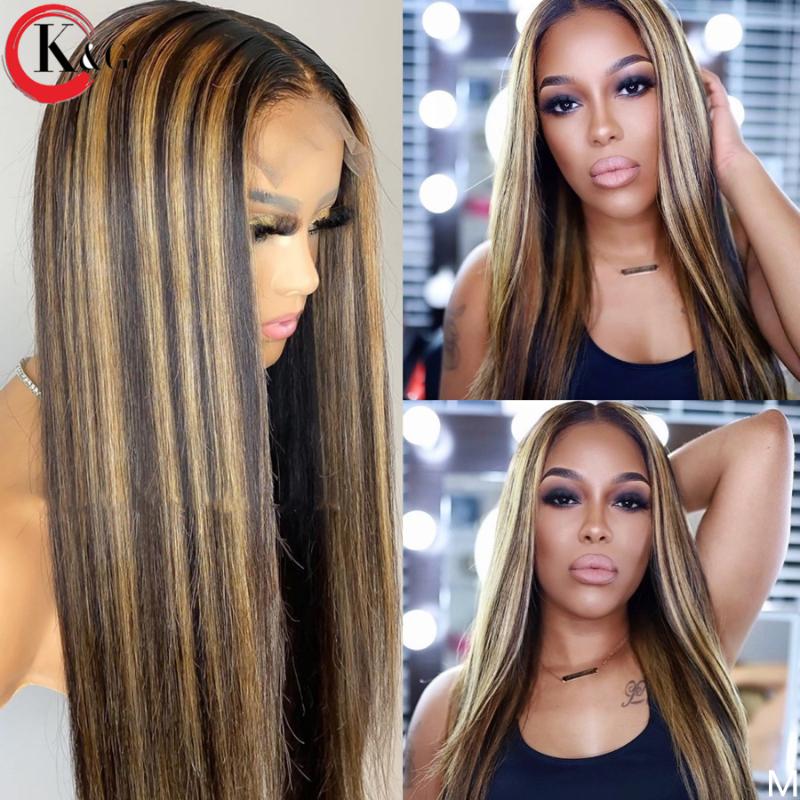 

KUNGANG Highlight T-part Lace Front Human Hair straight 150% Density Lace Wigs With Baby Hair Ratio Non-Remy, As pic