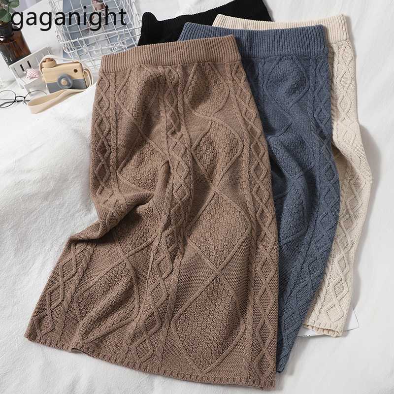 

Gaganight Vintage Twist Plaid Women Knitted Skirt Autumn Winter Fashion Lady Straight Skirts Stretchy High Waist Korean Faldas, Black