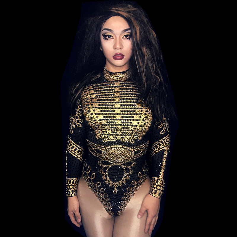 

New Arrival Women Skinny Bodycon Catsuits Golden Luxury Women Stage Performance Costumes Female Pole Dance Clothes Jazz Wear, Gold