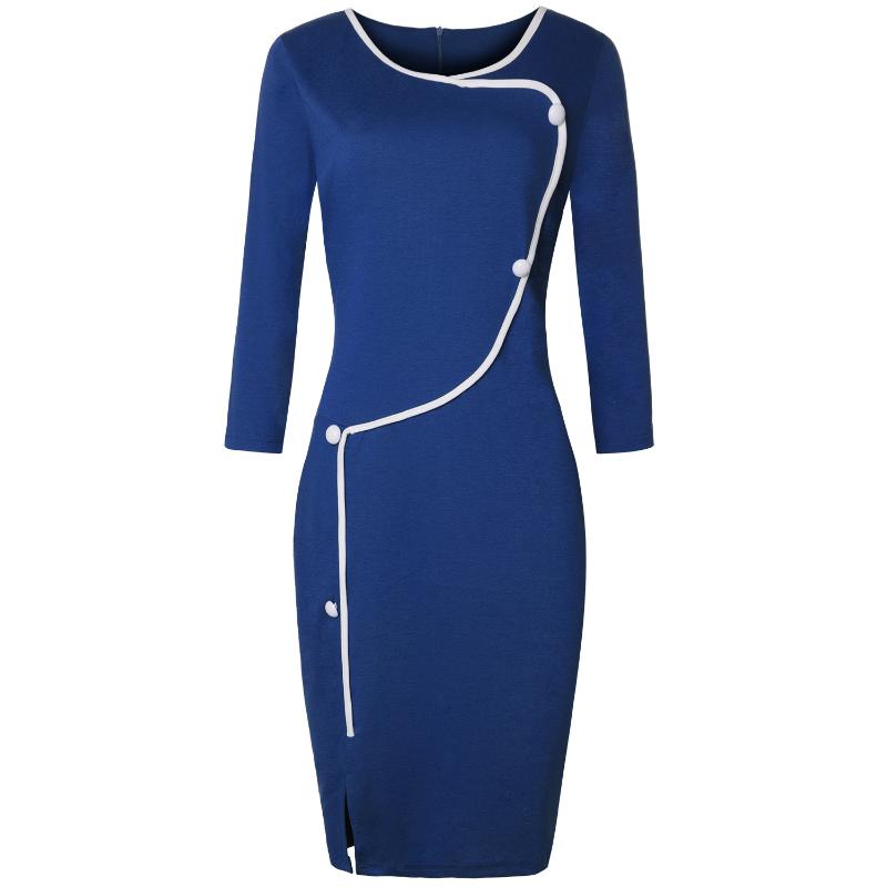

Wipalo -2XL Spring Women 3/4 Sleeves Slit Style Pencil Dress Solid Bodycon Office Dress Female Knee-Length Work Vestidos, Black
