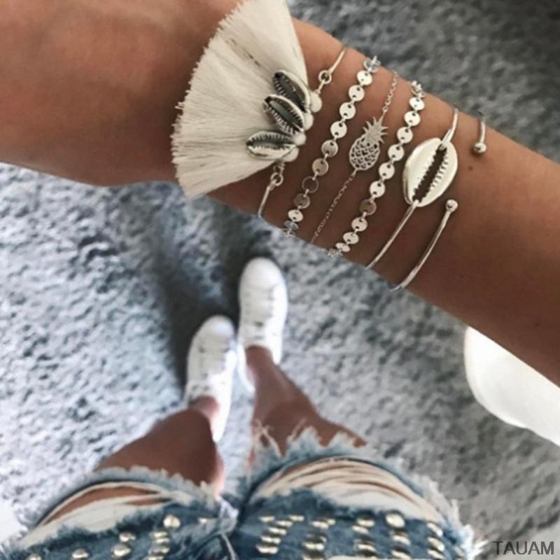 

6pc/set Bohemian Style Shell Bracelet tassel Bangle Starfish Beach Colorful open Fashion Rope Chain Bracelet For Women Pulseras