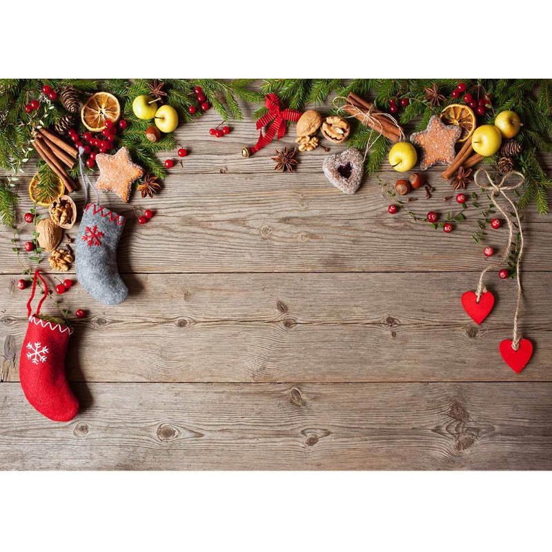 

Christmas Socks Nuts Wooden Board Photography Backdrops Vinyl Cloth Background for Children Baby Photo Shootings Photobooth