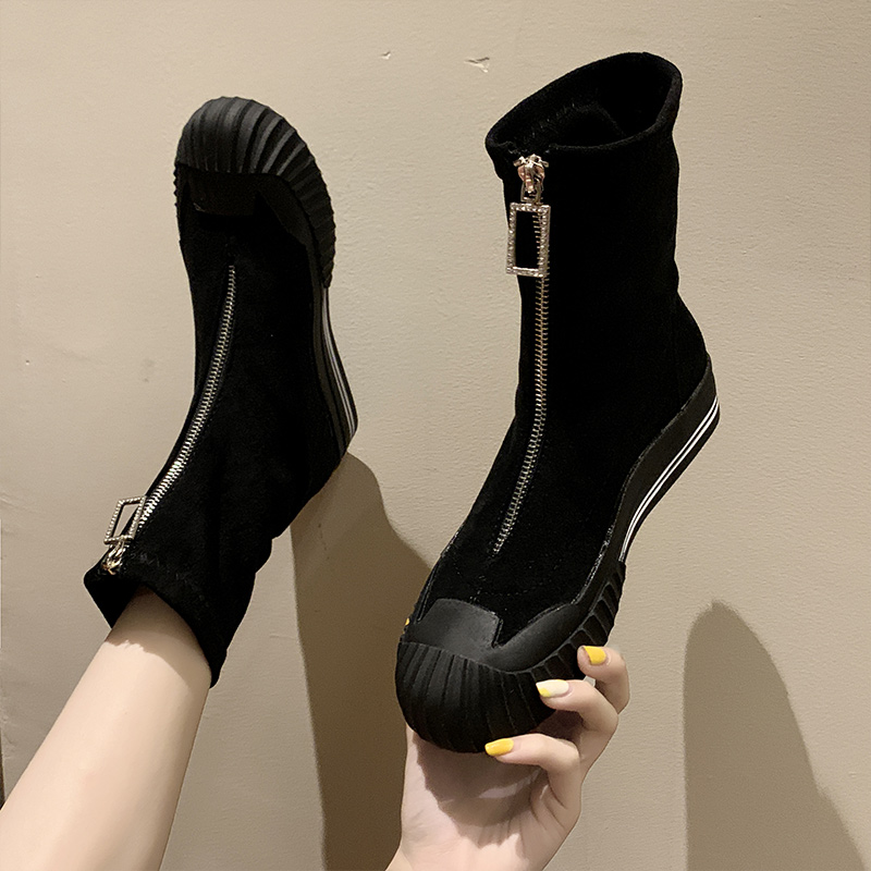 

Front Zipper boots women shell toe warm winter shoes plus size 35-40 flock sock botas rubber thicken soled riding boots women, Black