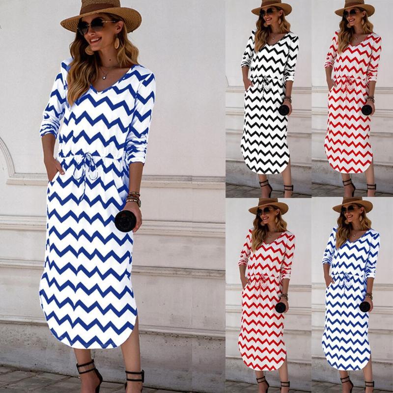 

Autumn Fashion Wavy Print Long Sleeve Dress Wave Printing Party Dress, Black