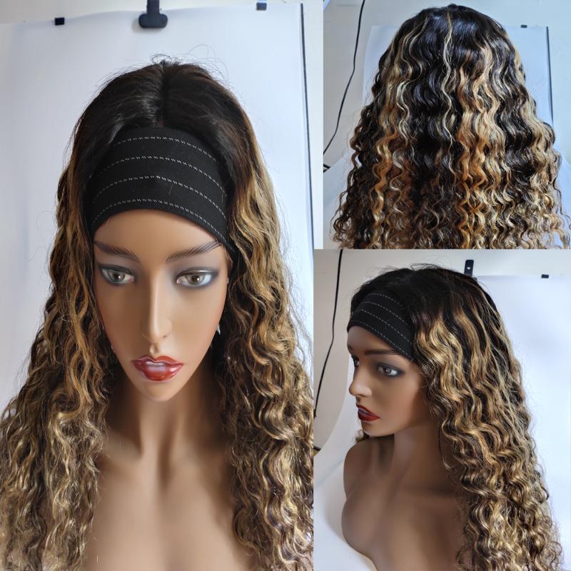 

Brazilian Kinky Curly Wig Highlight Color Remy Human Hair Headband Wig 250% Human Hair Wigs Machine Made Glueless lace Front, U part wig