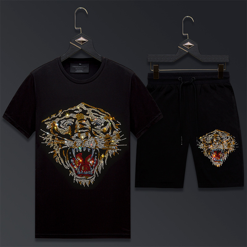 

Summer Suit men's Tiger mercerized cotton T-shirt men's short sleeve hot diamond fashion brand fashion large size T-shirt social people two, White
