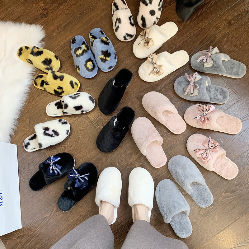 

Slippers Casual Flock Shoes Woman 2020 Slipers Women Butterfly-knot Fur Flip Flops Low Luxury Flat New Massage Plush Rubber