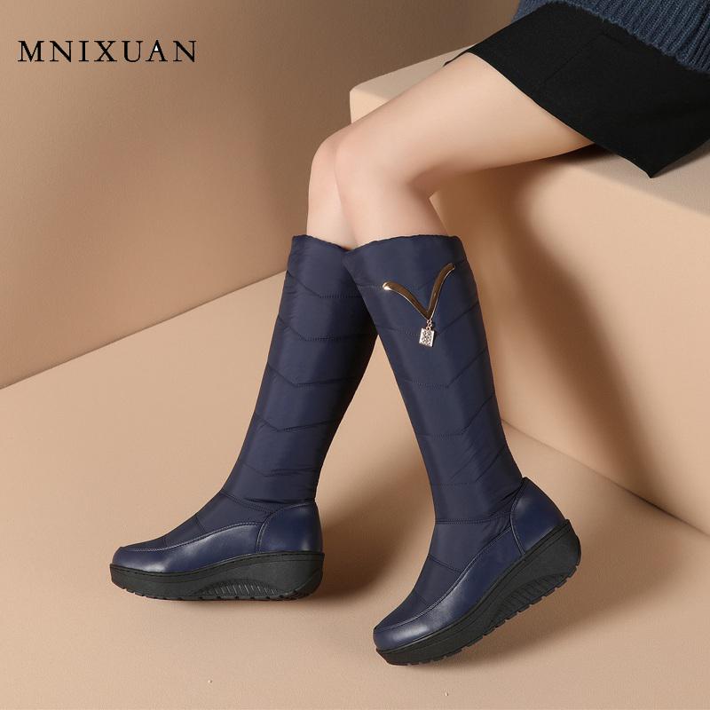 

MNIXUAN Warm short plush winter women shoes snow boots 2020 new Waterproof down platform wedges medium heels knee high boots, Red