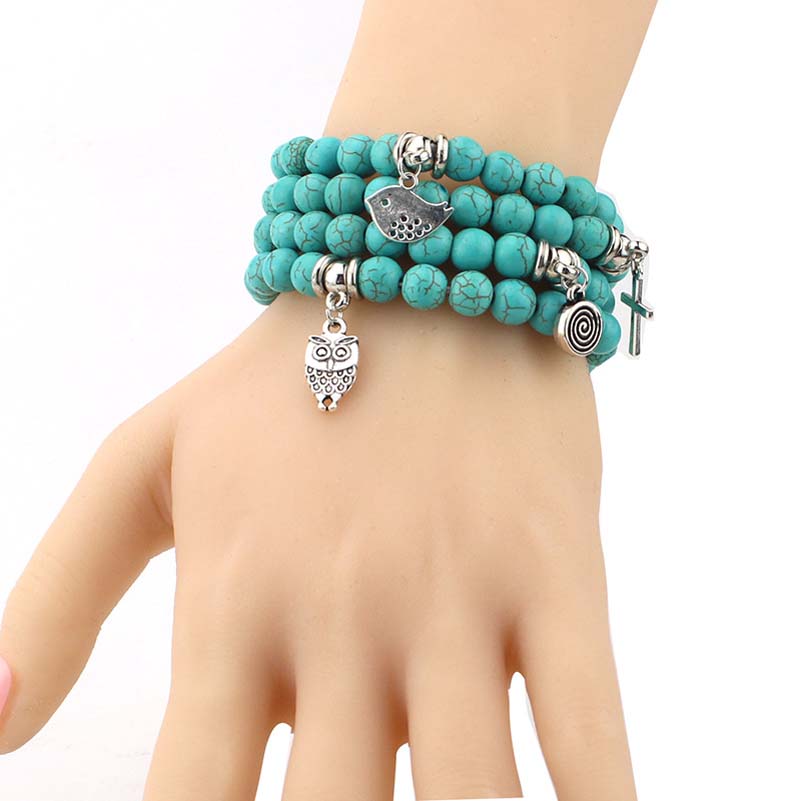 

Natural Stone Turquoise Beaded Bracelets Owl Elephant Tree of Life Charm bracelet Bangle Cuffs for Women fashion jewelry will and sandy gift