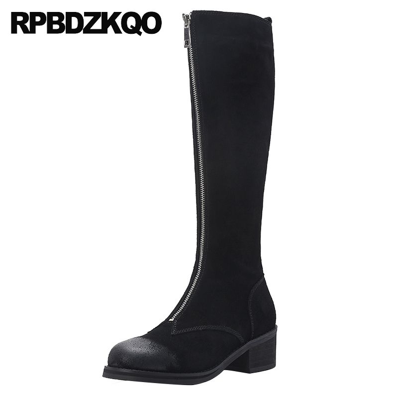 

tall shoes women boots genuine leather front zipper knee high suede winter chunky designer long female block black