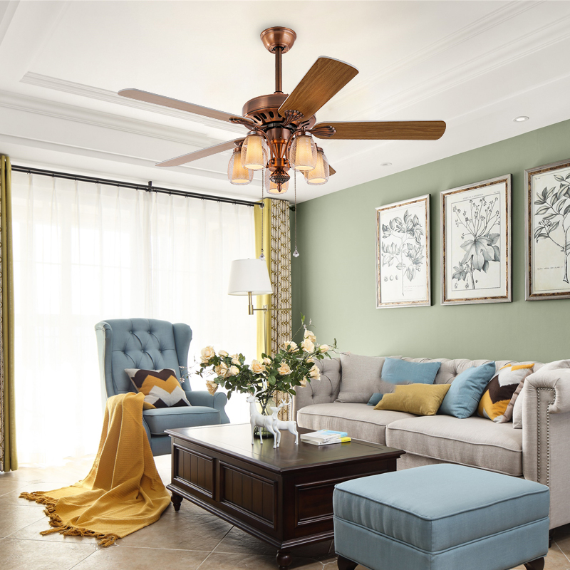 

Hot Seller Antique LED Fan Light Remote Control Glass Lampshade Wooden Ceiling Fan Lamp Living Room Bedroom Retro E14 Lamp