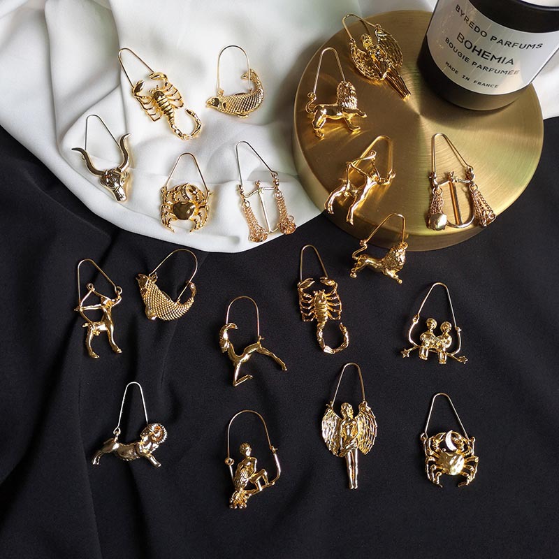 

New Design 12 constellations Zodiac Sign Earrings yellow Gold color alloy Women's earrings
