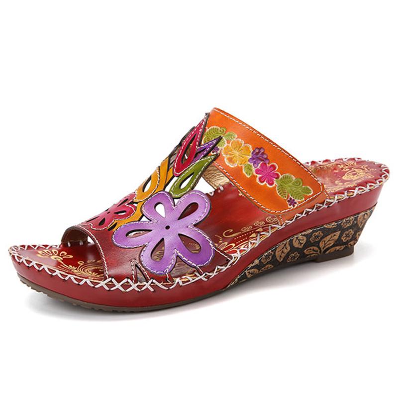 

Vintage Flower Sandals Women 2020 Bohemian Mid Wedge Sandals Shoes Slip On Open Toe Ladies Pu Leather Footwear D30, Red