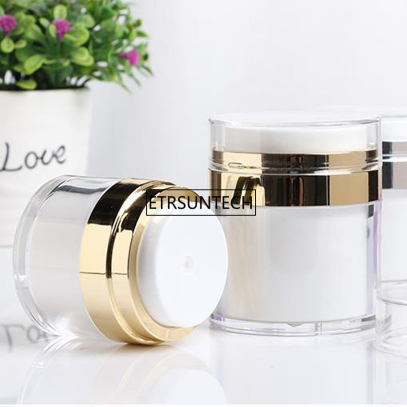 

100pcs 15g 30g 50g Gold Empty Acrylic Cream Jars Pot Top Press Style Vacuum Bottle Sample Vials Airless Cosmetic Container