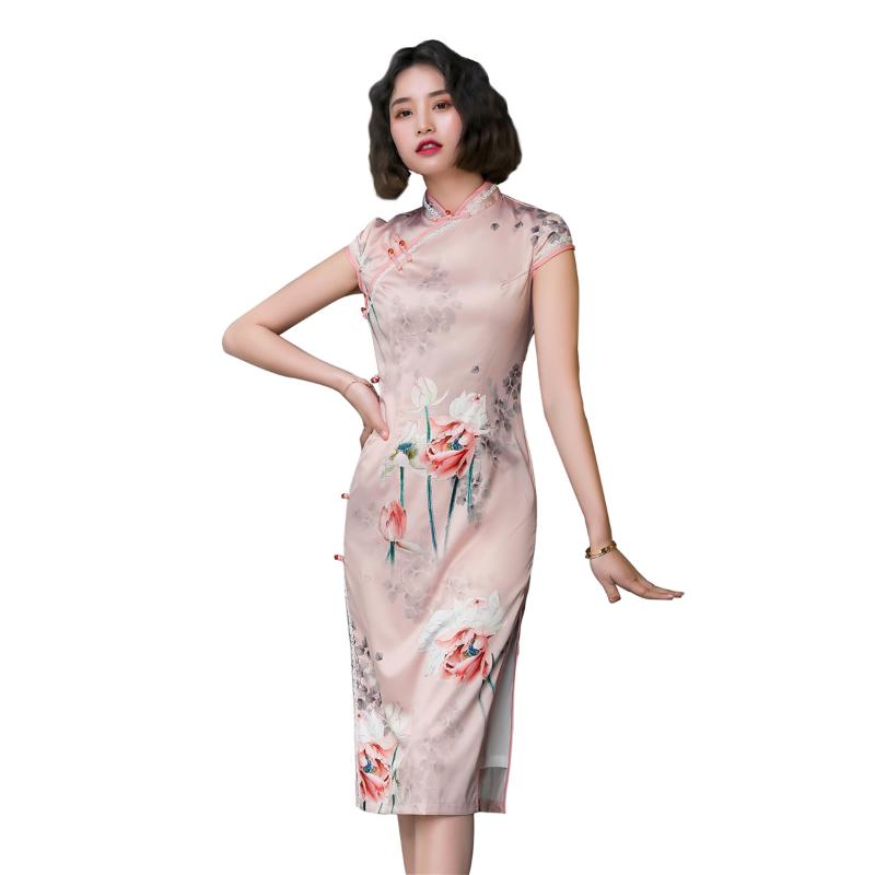 

Shanghai Story Short Sleeve Pink Chinese Dress Faux Silk Cheongsam Knee Length Qipao with Lining