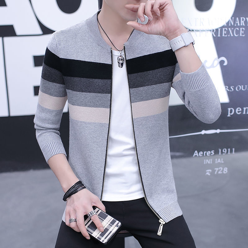 

New Men's Casual Cardigan Sweater Men Long Sleeve O-Neck Patchwork Knitted Outwear Striped Zipper Coat Male Fashion Clothing L50, Zangqing se