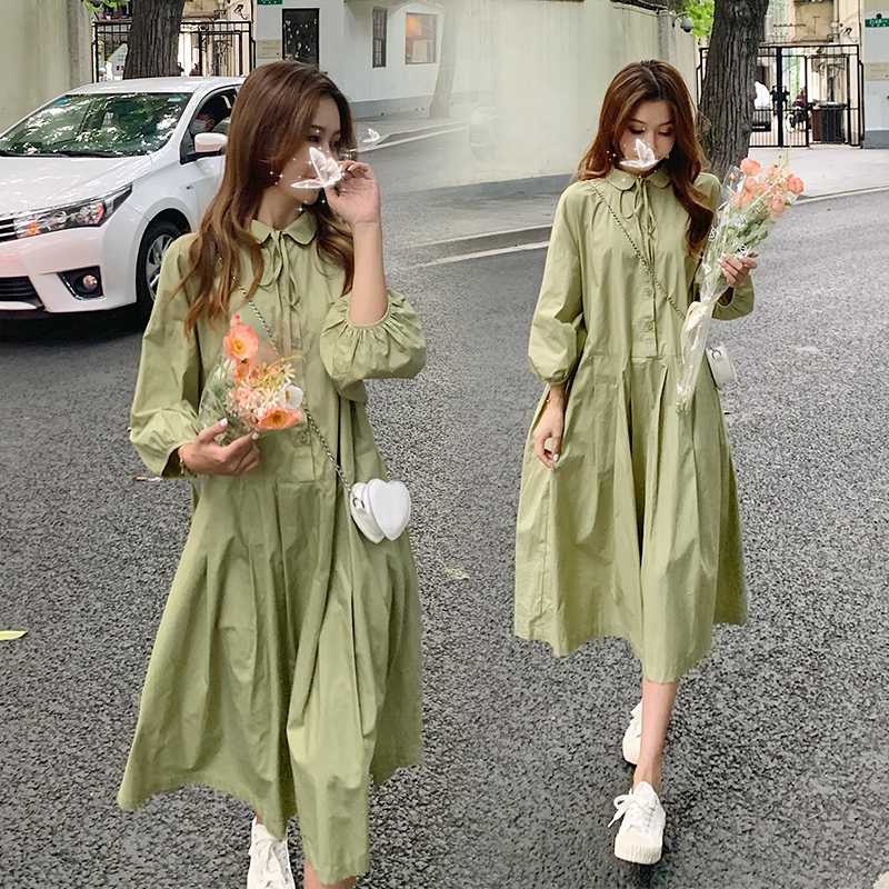 

Green Long Sleeve Turn-Down Collar Bow Lacing Maternity Loose Dress Plus Size Pregnant Women's Cotton Dress Vintage A-Line
