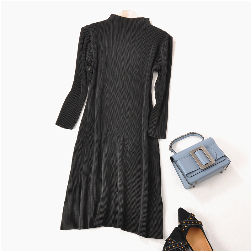 

HOT SELLING Fashion Miyake fold Hand pleated dress three quarter stand collar dress IN STOCK, Black