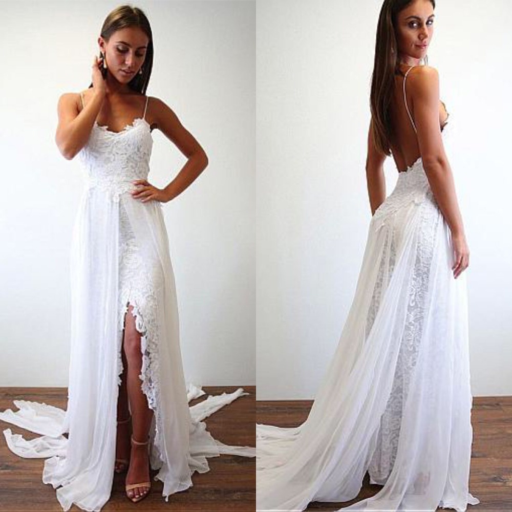 

Chic Lace Chiffon Spaghetti Straps Neckline A-line Wedding Dresses Backless Chiffon Beach Wedding Gowns with Appliques, White