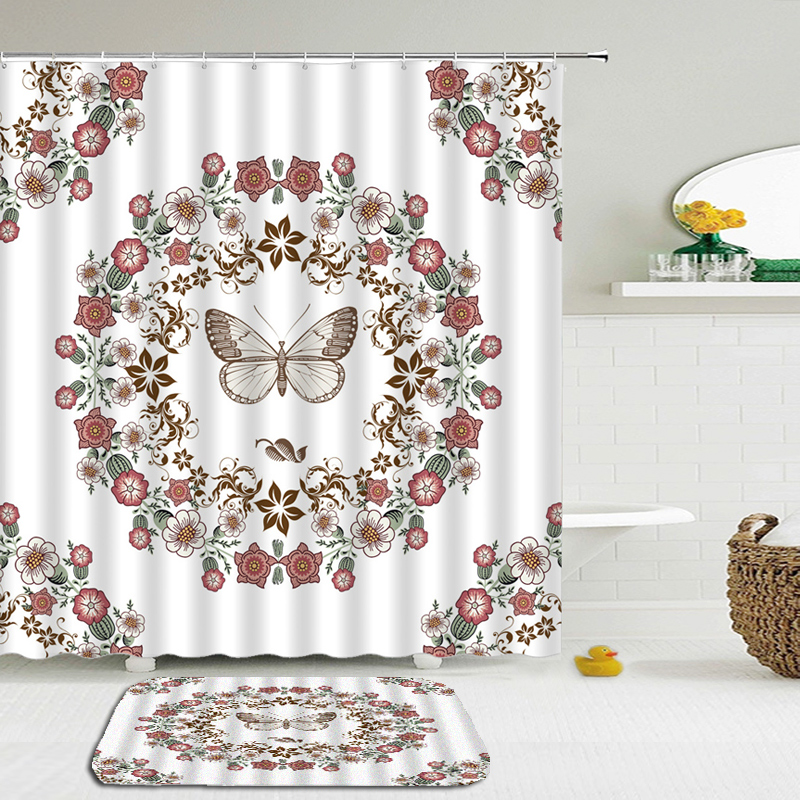 

2Pcs/Set Butterfly Flower Bath Curtain Shower Curtain Mat Set Bathroom Waterproof Cloth +Non-slip Mat Rug Toilet Floor Bathroom