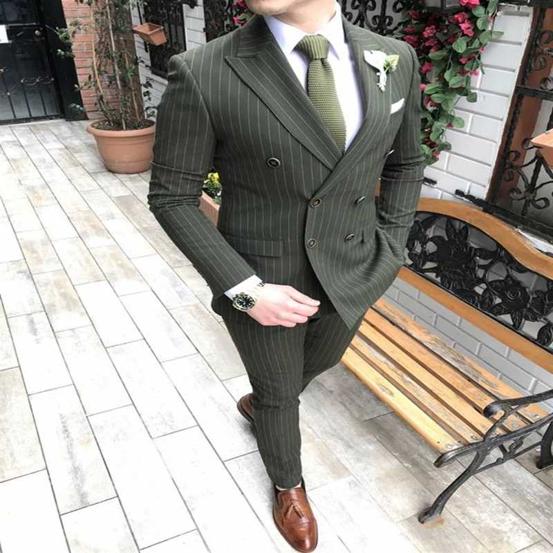

Green Double-breasted Striped Suit Mens 2020 Wedding Suits Custom Made Slim Fit Business Male Suit 2 Piece Set (Jacket+Pants, Brown
