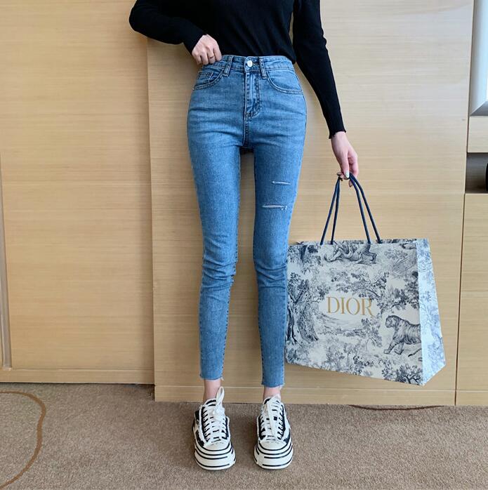 

Spring and summer high waist slim stretch hole denim jeans, Blue