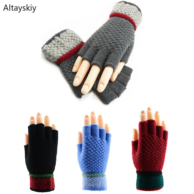 

Gloves Women Solid Knitting Half-fingered Patchwork Striped Winter Warm Womens Glove All-match Simple Trendy Leisure Chic Kawaii