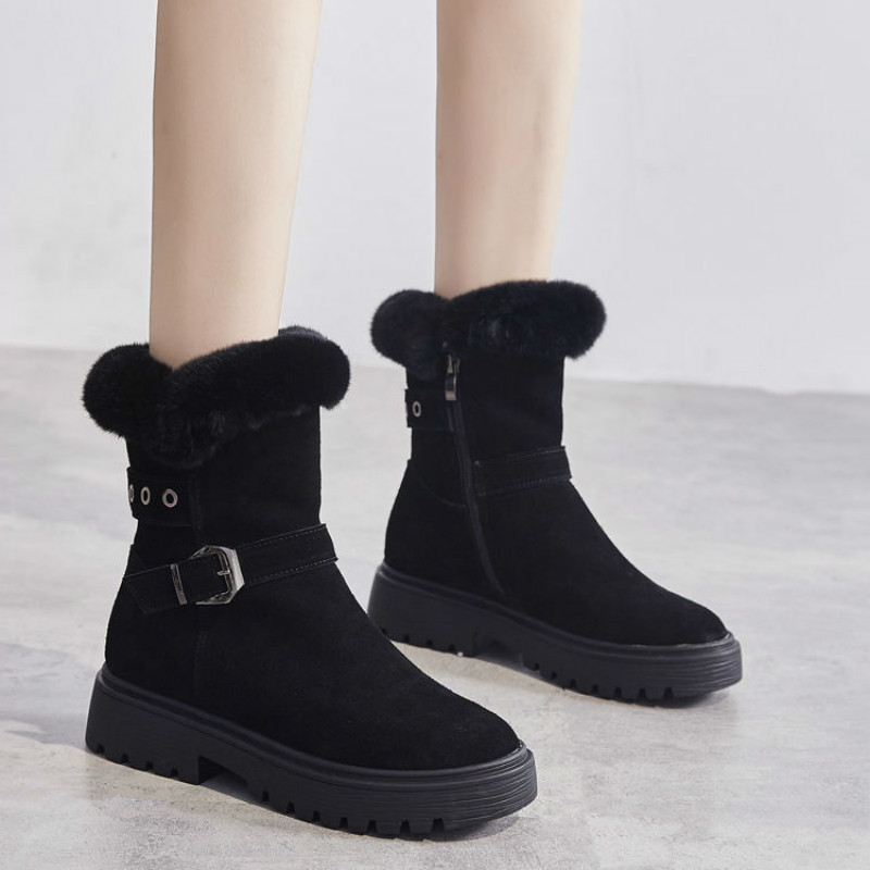 

Women Boots Winter Plush Shoes Casual Platform Mid-Calf Boots Ladies Buckle Wedge Snow Female Leather Bota Feminina 2020, Khaki