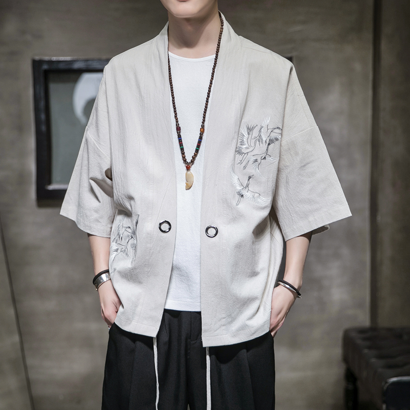 

New Japanese Style Kimono Traditional Men Women linen Shirt embroidery Loose Coat Five Point Sleeves Printing Cardigan Yukata, Beige