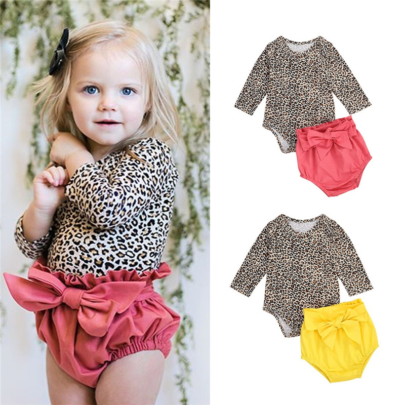 

1-4 Years Baby Girls 3 Pcs Outfit Long Sleeve Round Neck Leopard Print Romper Solid Ruffle Shorts With Waist Belt Baby Girls Set, Red