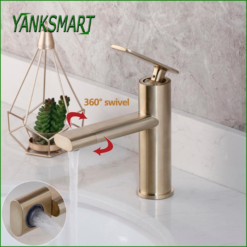 

YANKSAMRT Bathroom Faucets 360 Swivel Spout Brushed Gold Faucet Deck Mounted Basin Sink Waterfall Tap Cold And Hot Mixer Tap