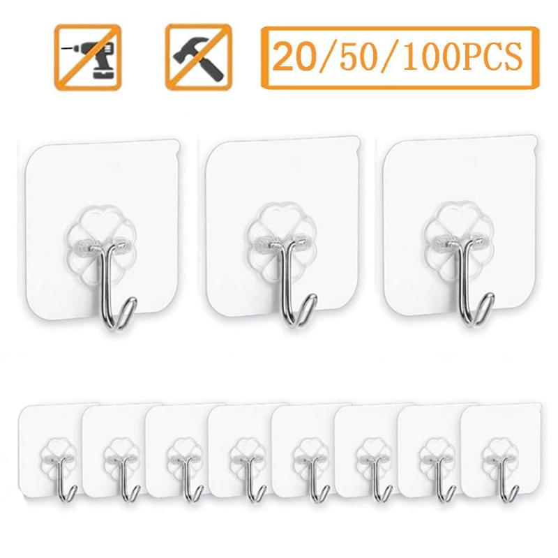 

20/50/100PCS Paste Hooks Strong Transparent Seamless Hooks Kitchen Bathroom Hanger Holder Wall Hanging Door Hook Set