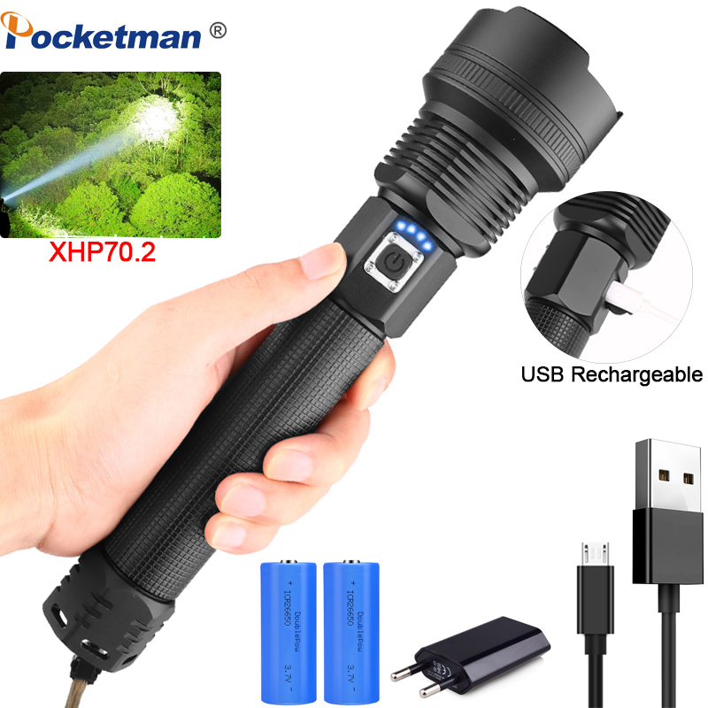 

8000LM XHP70.2 Powerful LED Rechargeable Torch XHP50 USB Zoom Lantern XHP70 Hunting Lamp Fishing Use 26650 18650