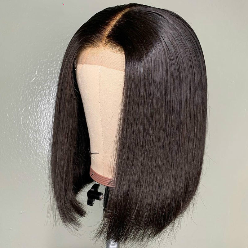 

2020 Human Hair Wigs Middle Part Straight Blunt Cut Short Bob Human Hair Wig 13x4 Lace Front Human Hair Wig Preplucked, Natural color