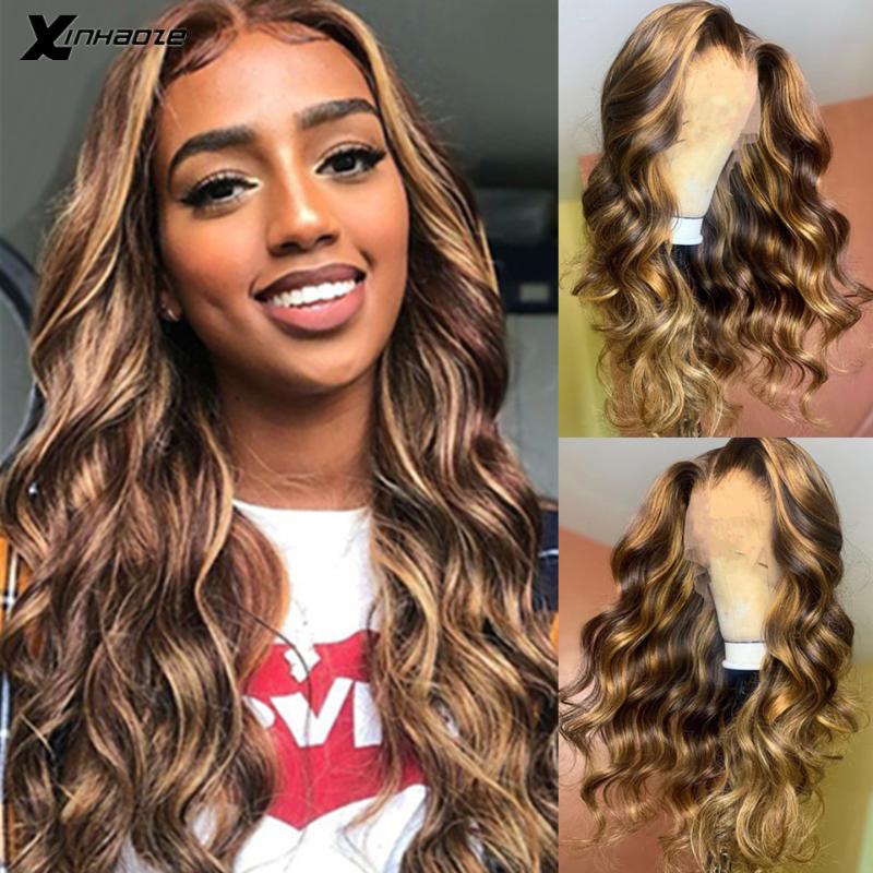 

Highlight Wig Human Hair T Deep Part 13x6 Lace Front Ombre Blonde Brown Wigs Body Wave Brazilian 5*5'' Silk Base Lace Wigs, 13x4 middle part wig