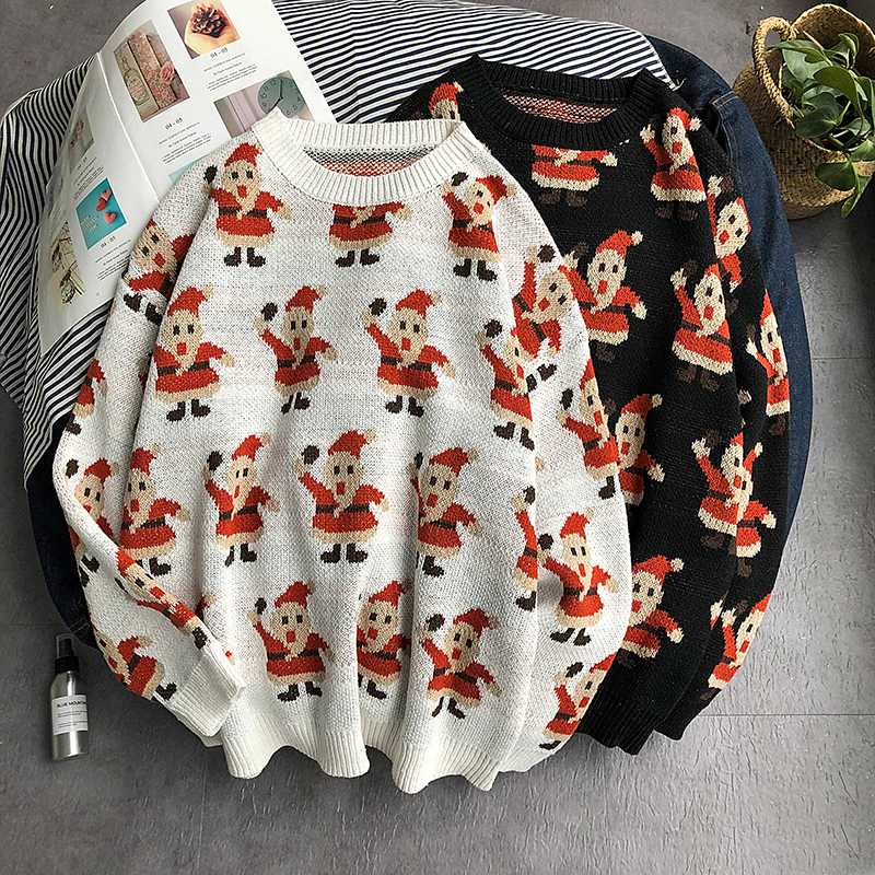 

Japanese Korean men Christmas sweater long sleeve bottoming sweaters loose lazy wind handsome Santa Claus Embroidery sweaters, Black