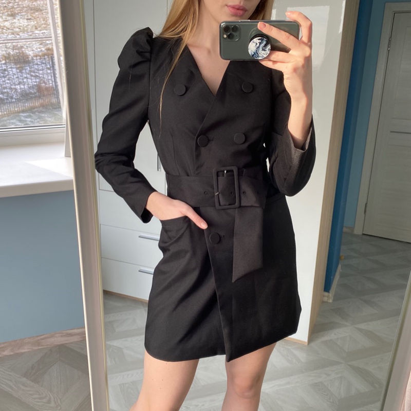 

Aachoae Women Puff Long Sleeve Black Mini Dress Autumn V Neck Bandage High Street Lady Dresses A Line Chic Fashion Ropa Mujer