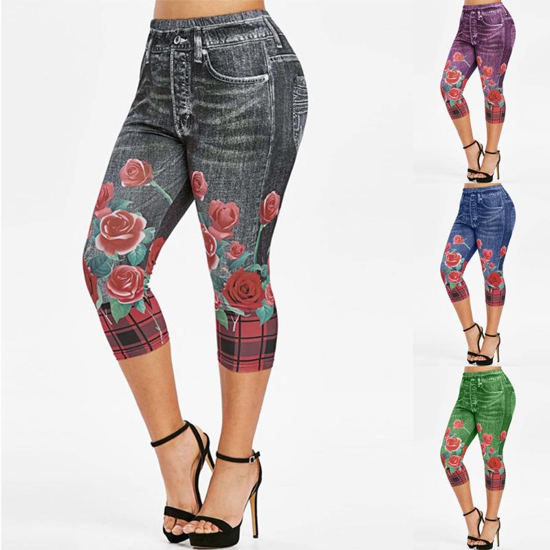 

Casual Yoga Pants Women High Waist Imitation Denim Printed Skinny Slim Fit Printing Yoga Leggings Plus Size, Black