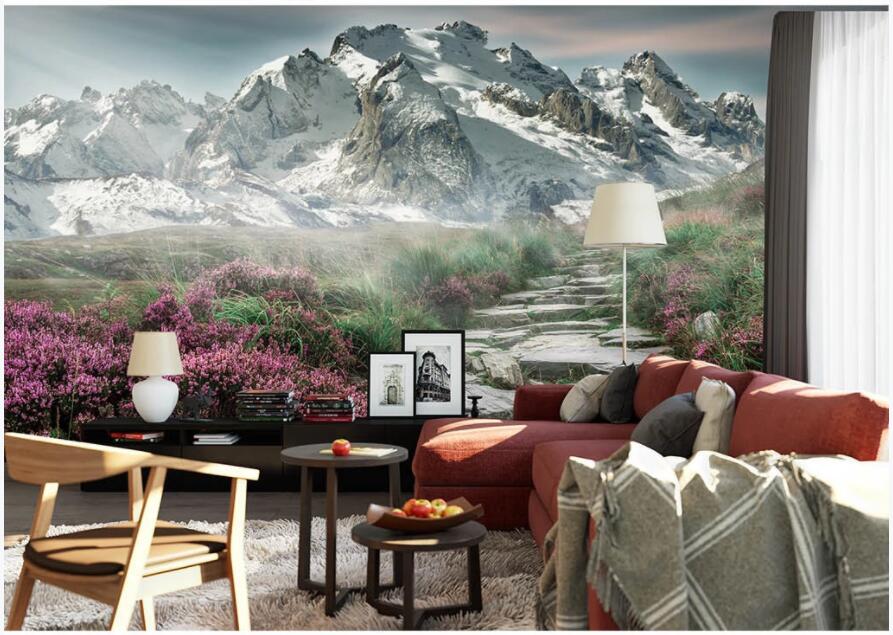 

custom mural on the wall 3d photo wallpaper Snow Mountain Wildflower Path in Europe and America home decor wallpaper in the living room, Non-woven wallpaper