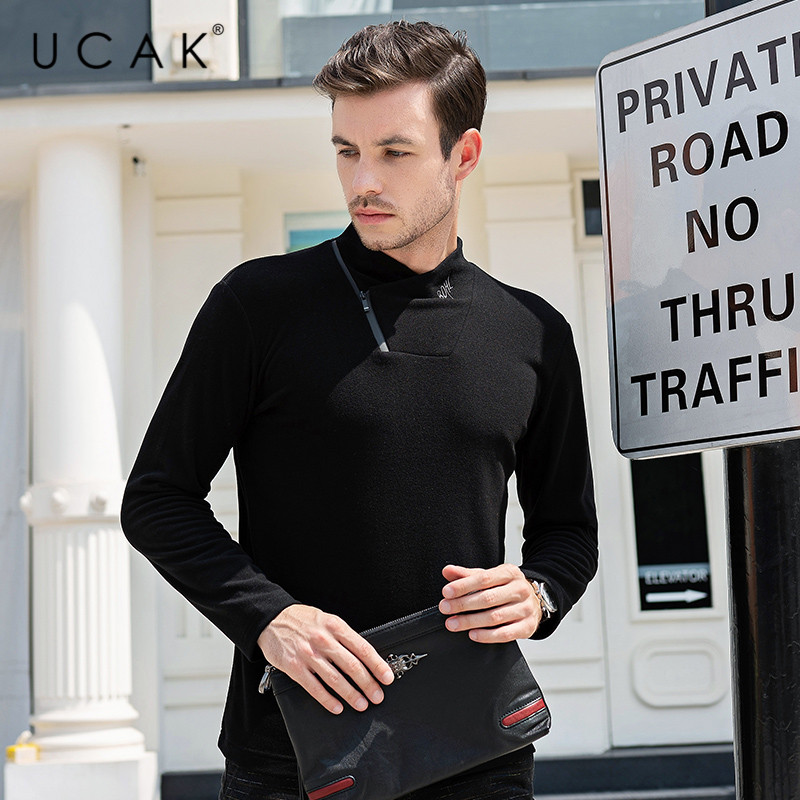 

UCAK Brand Thin Sweaters Men O-Neck Zipper Decorating Casual 2020 NEW Fashion Style Streetwear Spring Autumn Men Sweater U1056, Black