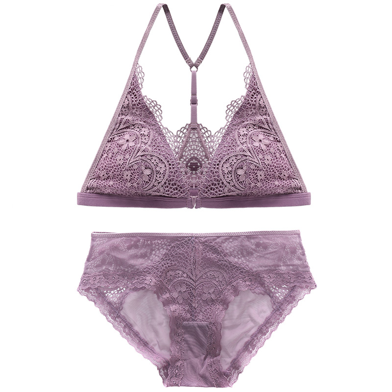 

Front Closure Bra Set French Bralette Y Line Straps Triangle Cup Mesh Inner Unlined Plunge Wire Free Breathable, Black