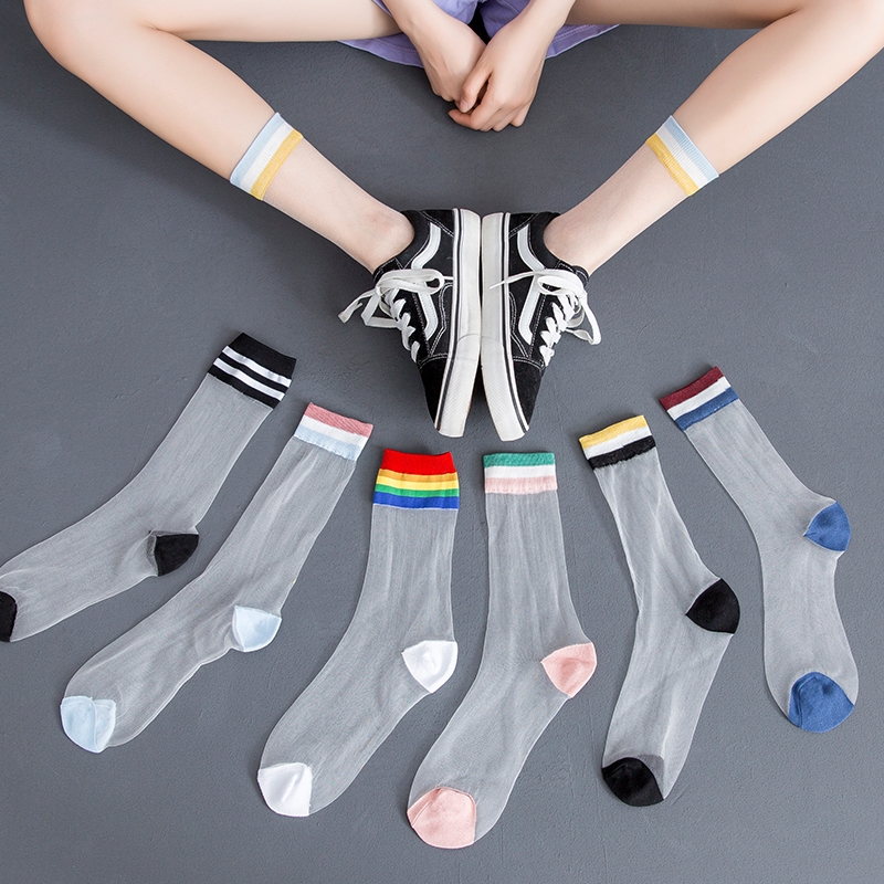 

Rainbow Striped Transparent Women Socks Cool Japanese Ultrathin Glass Silk Novelty Fishnet Female Mid-calf Length Sheer Socks