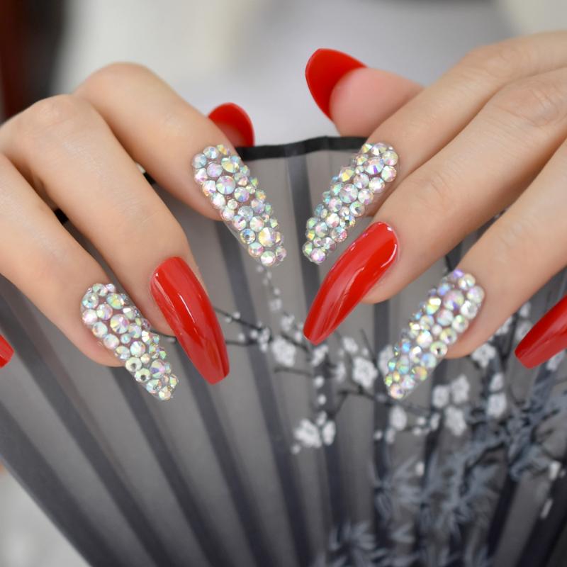 

Shiny Long Rhinestone Coffin Nail Artificial Designed 3D Luxurious Ballerina Nails Full Cover Salon Fingernail, L5621