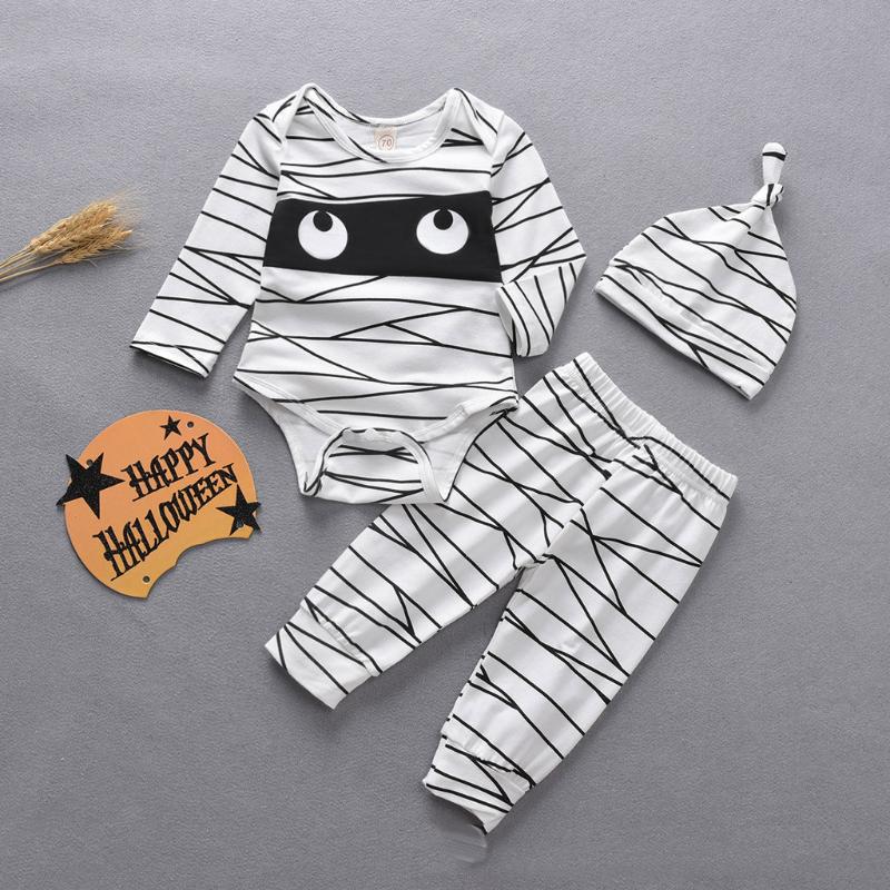 

Baby Girls Boys Halloween Romper+ Mummy Pants Hat Pajamas Outfits Newborn Infant long sleeveless clothes suits for baby girls, White
