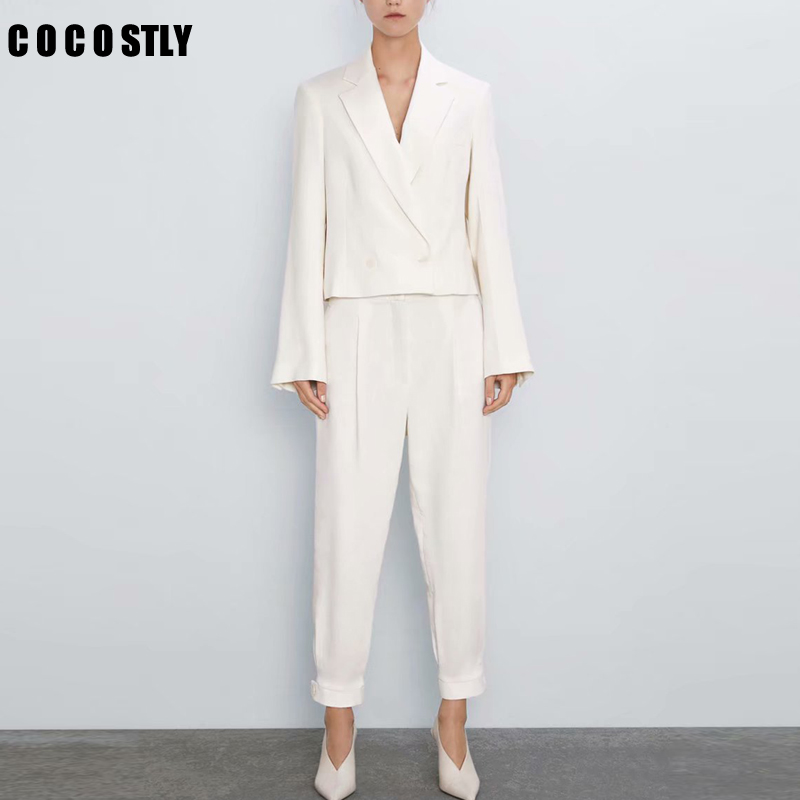 

Autumn Elegant Office Lady Two Pieces Sets Women's Double Breasted Short Blazers Coat And Full Length Trousers Female Pants Suit
