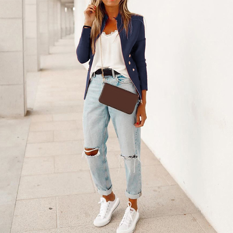 

Women Casual Autumn Long Sleeve Blazer Slim Fit Coat Stand Collar Zipper Jacket, Black