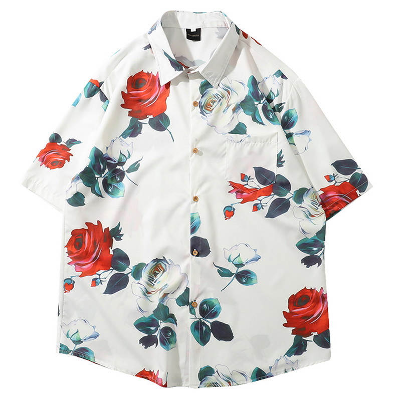 

Mens Short Sleeve Casual Shirt 3D Print Floral Blouse Fashion Rose Flower Shirt Tops Turn-down Collar Looese Mens Clothing, White