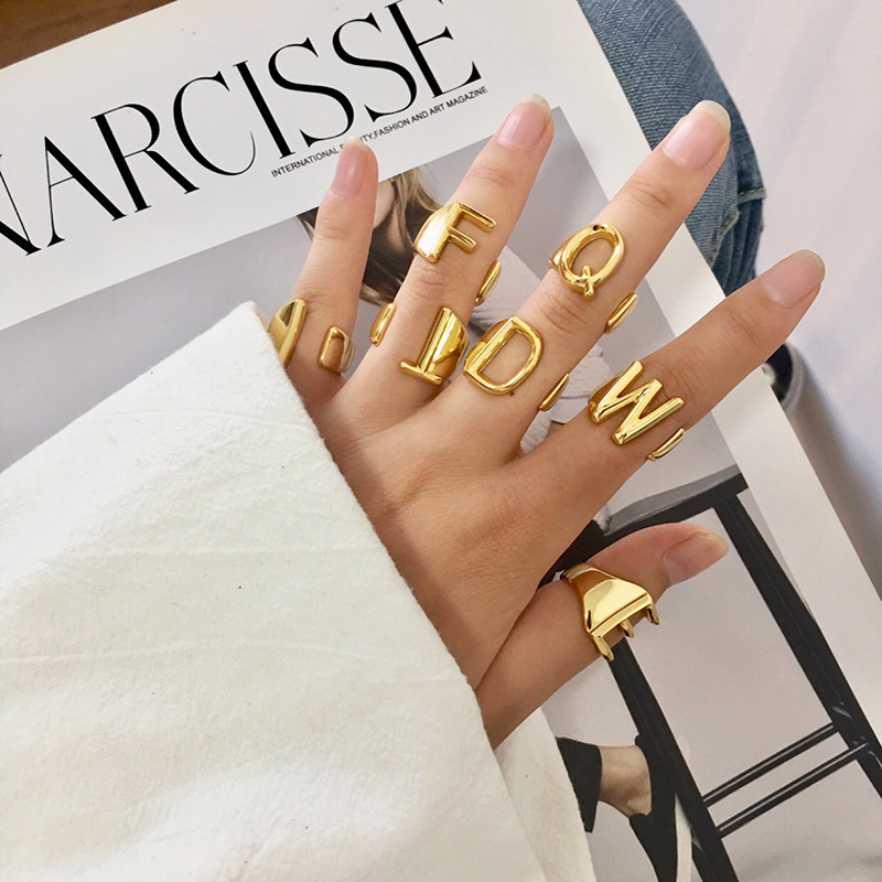

the star with the same style of fashion rings 26 English letters glossy open ring gold ring wedding designer jewelry couples ring, Silver